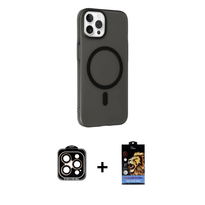 MARSİLYAN™- iPhone 15 Pro Max Kılıf Çekirdek Modern Prime - Siyah Buffer Hayalet Cam Ekran Koruyucu + PVD Metal Kamera Lens - TU