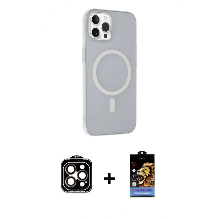 MARSİLYAN™- iPhone 15 Pro Max Kılıf Çekirdek Modern Prime - Siyah Buffer Hayalet Cam Ekran Koruyucu + PVD Metal Kamera Lens - TU