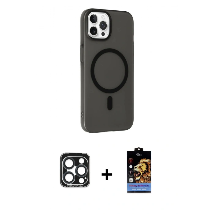 MARSİLYAN™- iPhone 15 Pro Max Kılıf Çekirdek Modern Prime - Siyah Buffer Hayalet Cam Ekran Koruyucu + PVD Metal Kamera Lens - LT