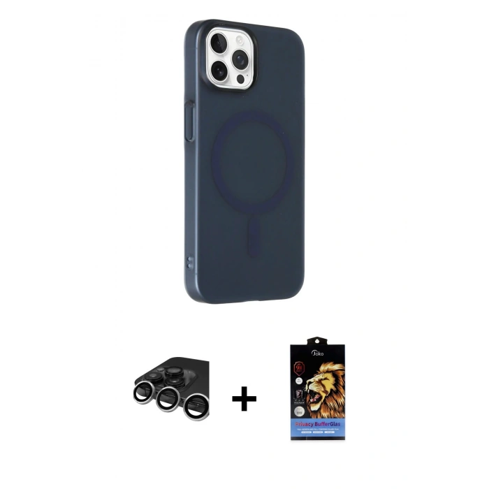 MARSİLYAN™- iPhone 15 Pro Max Kılıf Çekirdek Modern Prime - Siyah Buffer Hayalet Cam Ekran Koruyucu + Raze Metal Kamera Lens - GS