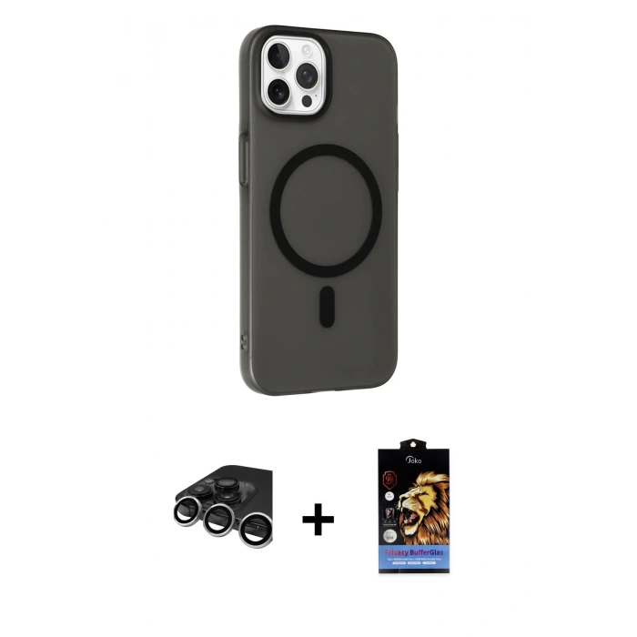 MARSİLYAN™- iPhone 15 Pro Max Kılıf Çekirdek Modern Prime - Siyah Buffer Hayalet Cam Ekran Koruyucu + Raze Metal Kamera Lens - GS