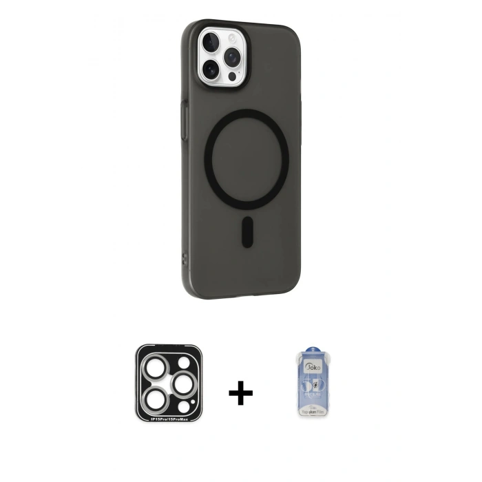 MARSİLYAN™- iPhone 15 Pro Max Kılıf Çekirdek Modern Prime - Siyah Joko Magic 5D Cam + PVD Metal Kamera Lens - GS
