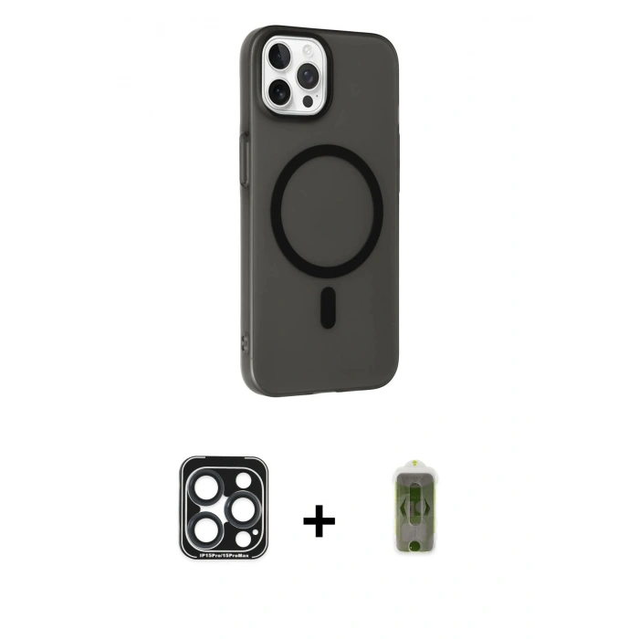 MARSİLYAN™- iPhone 15 Pro Max Kılıf Çekirdek Modern Prime - Siyah Joko Magic 5D Hayalet Cam + PVD Metal Kamera Lens - LT