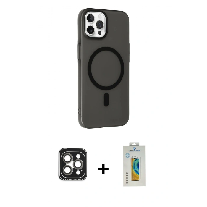 MARSİLYAN™- iPhone 15 Pro Max Kılıf Çekirdek Modern Prime - Siyah Polymer Nano Ekran Koruyucu + PVD Metal Kamera Lens - GI