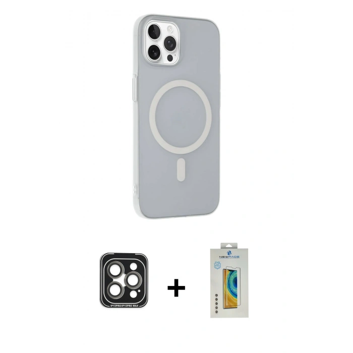MARSİLYAN™- iPhone 15 Pro Max Kılıf Çekirdek Modern Prime - Siyah Polymer Nano Ekran Koruyucu + PVD Metal Kamera Lens - GI