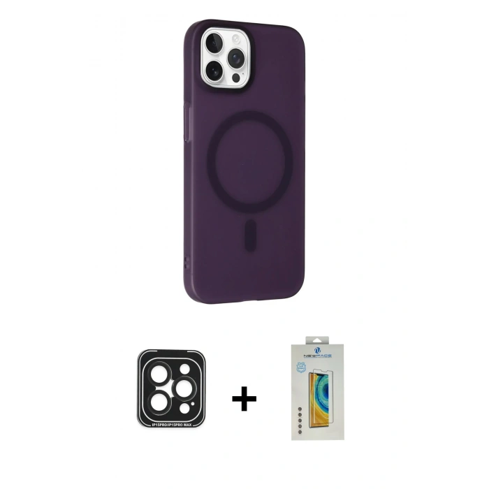 MARSİLYAN™- iPhone 15 Pro Max Kılıf Çekirdek Modern Prime - Siyah Polymer Nano Ekran Koruyucu + PVD Metal Kamera Lens - SH