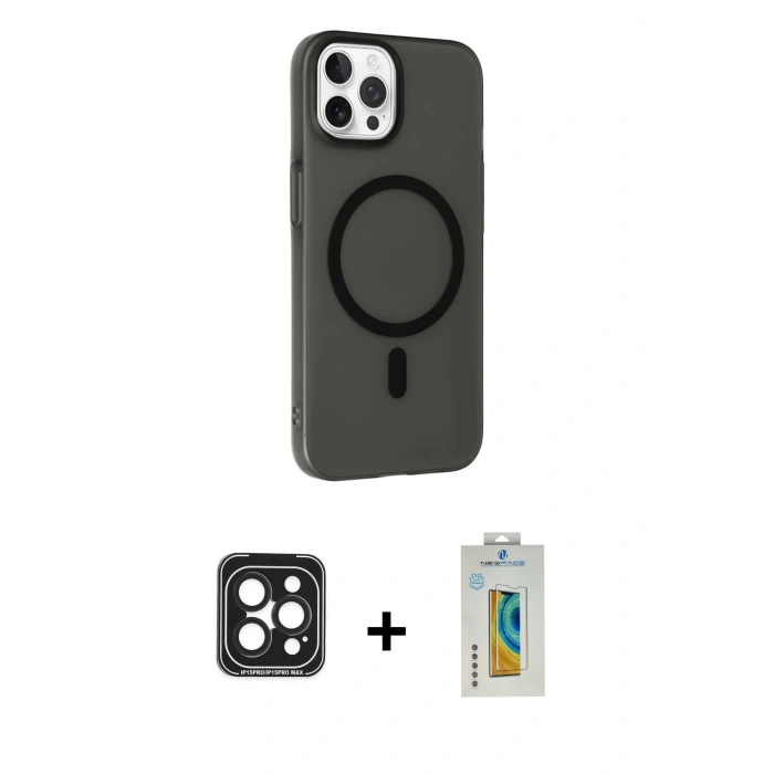 MARSİLYAN™- iPhone 15 Pro Max Kılıf Çekirdek Modern Prime - Siyah Polymer Nano Ekran Koruyucu + PVD Metal Kamera Lens - SH