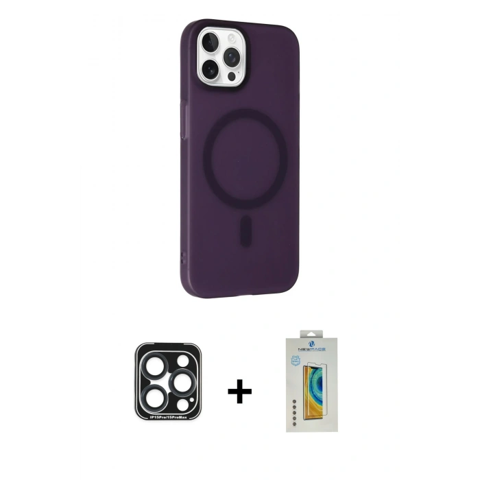MARSİLYAN™- iPhone 15 Pro Max Kılıf Çekirdek Modern Prime - Siyah Polymer Nano Ekran Koruyucu + PVD Metal Kamera Lens - LT