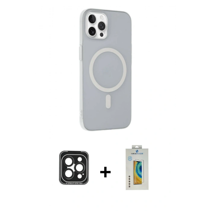 MARSİLYAN™- iPhone 15 Pro Max Kılıf Çekirdek Modern Prime - Siyah Polymer Nano Ekran Koruyucu + PVD Metal Kamera Lens - SH