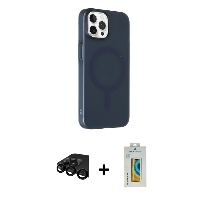 MARSİLYAN™- iPhone 15 Pro Max Kılıf Çekirdek Modern Prime - Siyah Polymer Nano Ekran Koruyucu + Siyah Raze Metal Kamera Lens