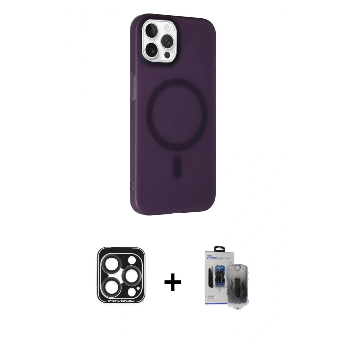 MARSİLYAN™- iPhone 15 Pro Max Kılıf Çekirdek Modern Prime - Siyah Vanessa Magic Hayalet Cam + PVD Metal Kamera Lens - LT