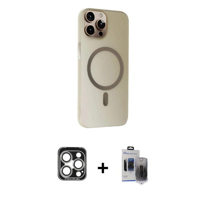 MARSİLYAN™- iPhone 15 Pro Max Kılıf Çekirdek Modern Prime - Siyah Vanessa Magic Hayalet Cam + PVD Metal Kamera Lens - GS