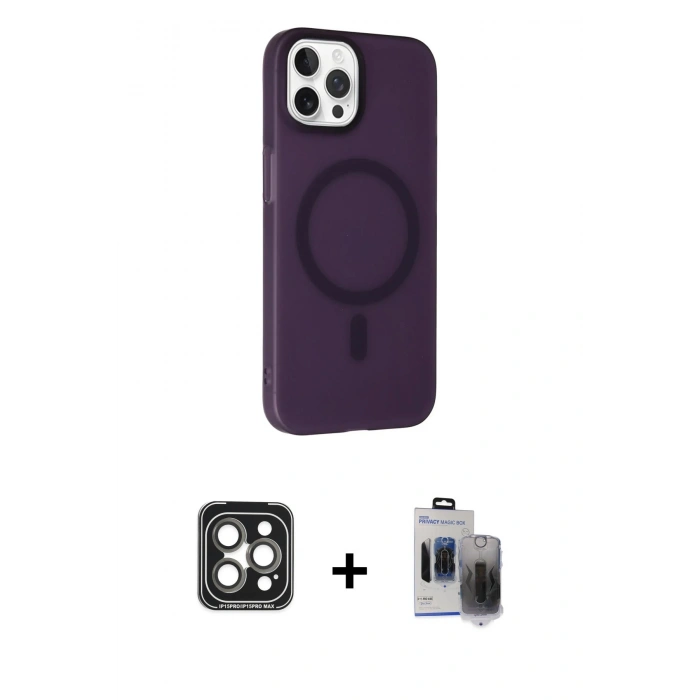MARSİLYAN™- iPhone 15 Pro Max Kılıf Çekirdek Modern Prime - Siyah Vanessa Magic Hayalet Cam + PVD Metal Kamera Lens - GI