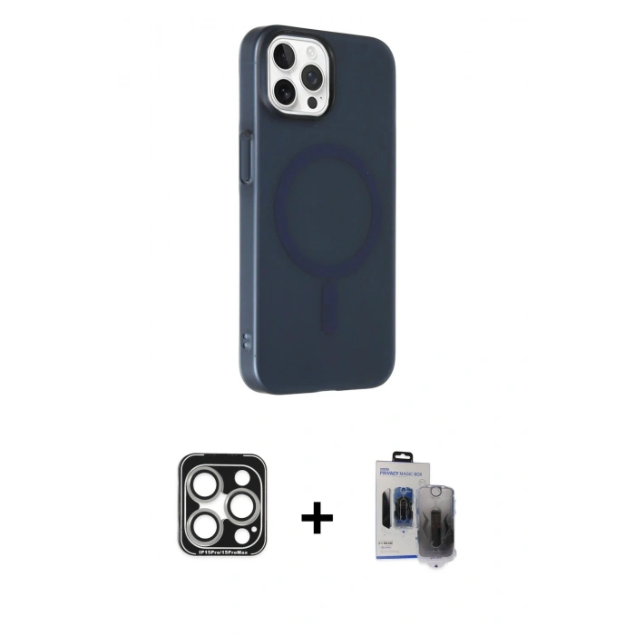 MARSİLYAN™- iPhone 15 Pro Max Kılıf Çekirdek Modern Prime - Siyah Vanessa Magic Hayalet Cam + PVD Metal Kamera Lens - GS