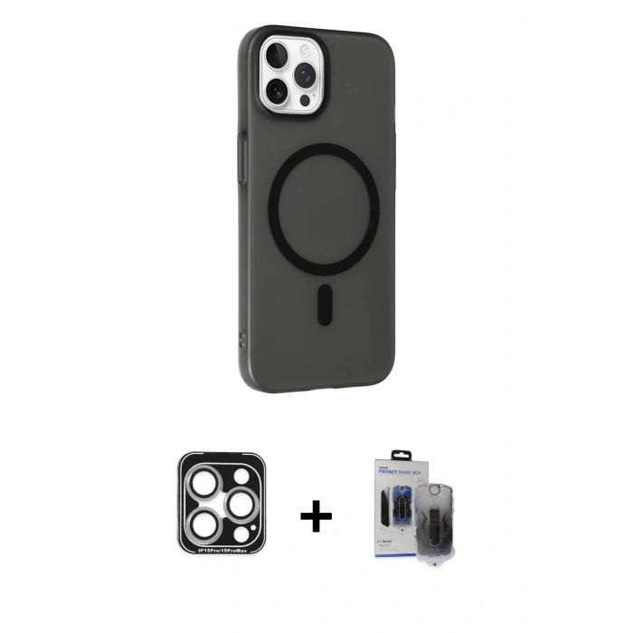 MARSİLYAN™- iPhone 15 Pro Max Kılıf Çekirdek Modern Prime - Siyah Vanessa Magic Hayalet Cam + PVD Metal Kamera Lens - GS