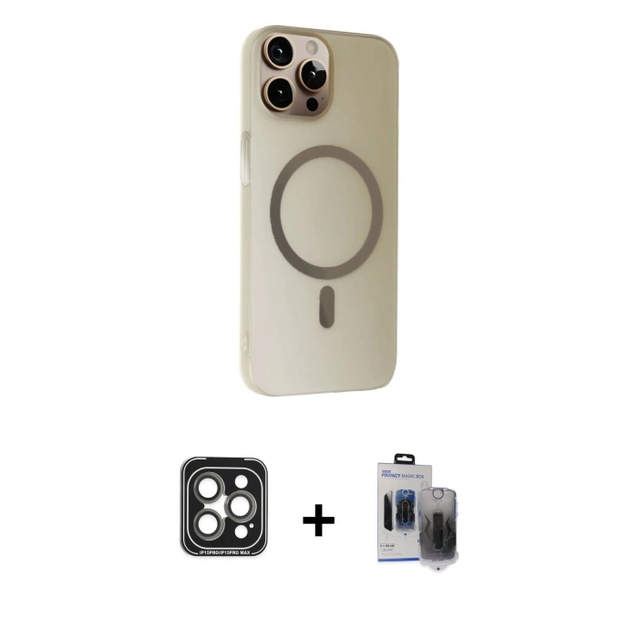 MARSİLYAN™- iPhone 15 Pro Max Kılıf Çekirdek Modern Prime - Siyah Vanessa Magic Hayalet Cam + PVD Metal Kamera Lens - GI