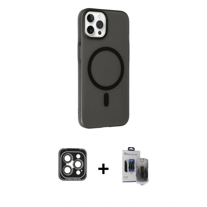 MARSİLYAN™- iPhone 15 Pro Max Kılıf Çekirdek Modern Prime - Siyah Vanessa Magic Hayalet Cam + PVD Metal Kamera Lens - GI