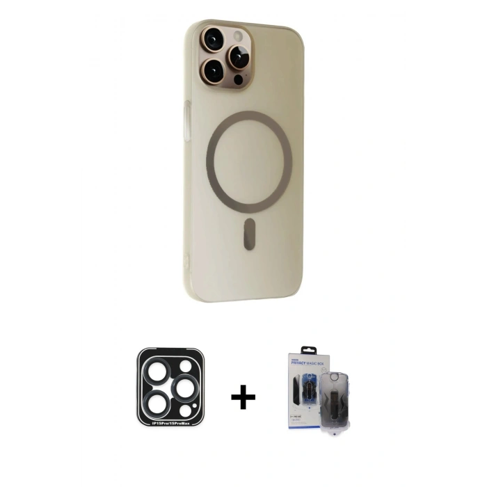 MARSİLYAN™- iPhone 15 Pro Max Kılıf Çekirdek Modern Prime - Siyah Vanessa Magic Hayalet Cam + PVD Metal Kamera Lens - LT