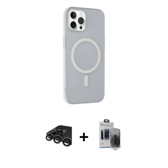 MARSİLYAN™- iPhone 15 Pro Max Kılıf Çekirdek Modern Prime - Siyah Vanessa Magic Hayalet Cam + Raze Metal Kamera Lens - TMGI