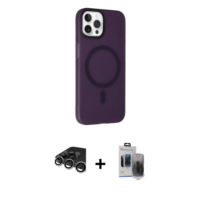 MARSİLYAN™- iPhone 15 Pro Max Kılıf Çekirdek Modern Prime - Siyah Vanessa Magic Hayalet Cam + Raze Metal Kamera Lens - GS