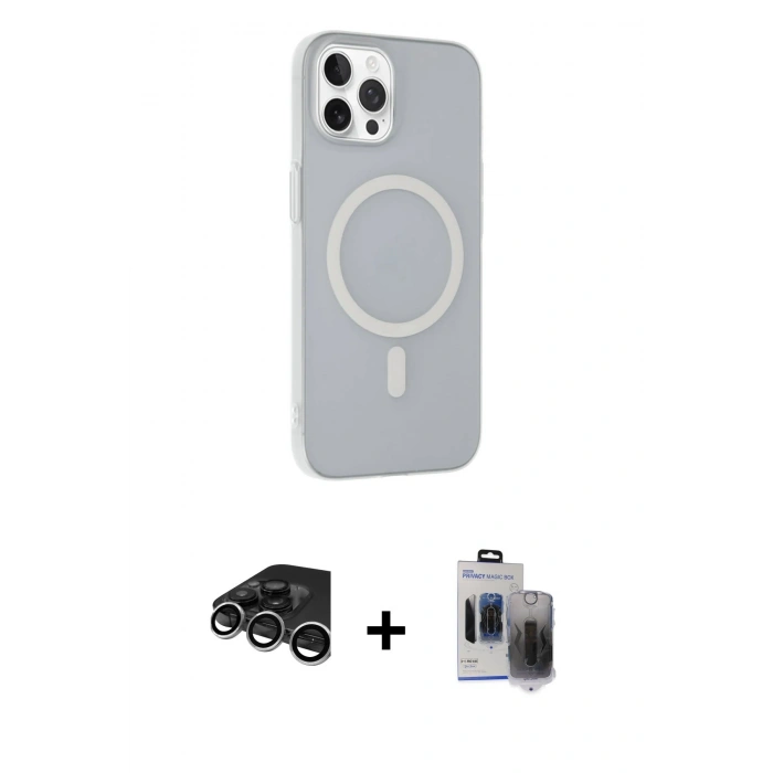 MARSİLYAN™- iPhone 15 Pro Max Kılıf Çekirdek Modern Prime - Siyah Vanessa Magic Hayalet Cam + Raze Metal Kamera Lens - GS