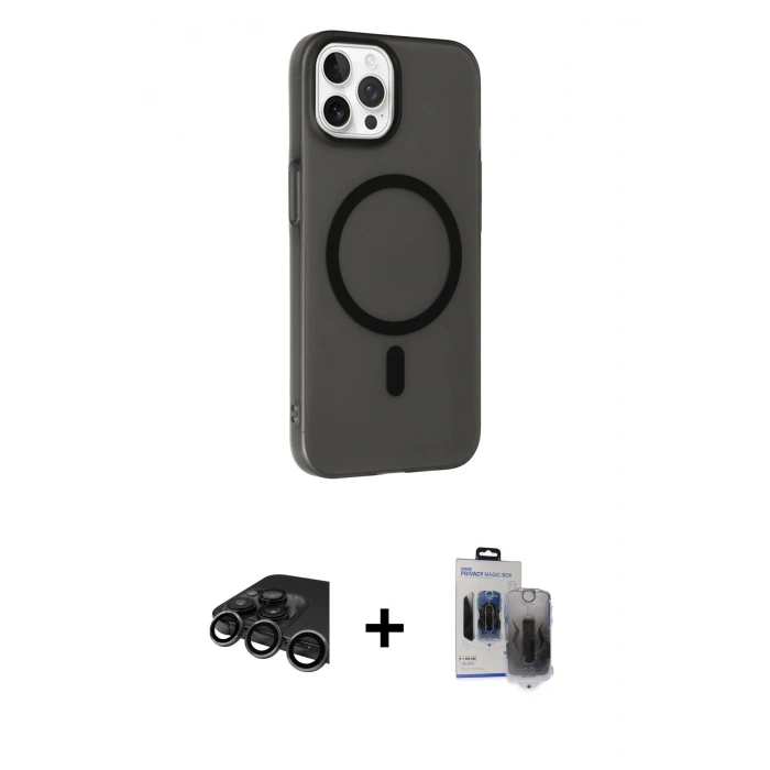 MARSİLYAN™- iPhone 15 Pro Max Kılıf Çekirdek Modern Prime - Siyah Vanessa Magic Hayalet Cam + Raze Metal Kamera Lens - TMGI
