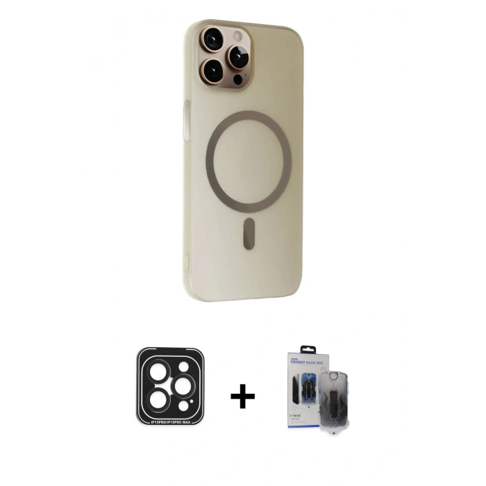 MARSİLYAN™- iPhone 15 Pro Max Kılıf Çekirdek Modern Prime - Siyah Vanessa Magic Hayalet Cam + Siyah PVD Metal Kamera Lens