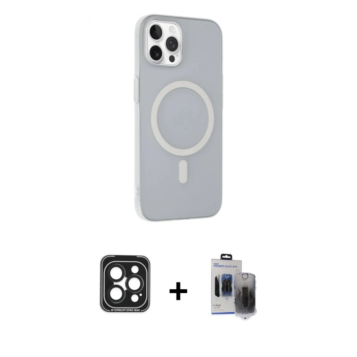 MARSİLYAN™- iPhone 15 Pro Max Kılıf Çekirdek Modern Prime - Siyah Vanessa Magic Hayalet Cam + Siyah PVD Metal Kamera Lens