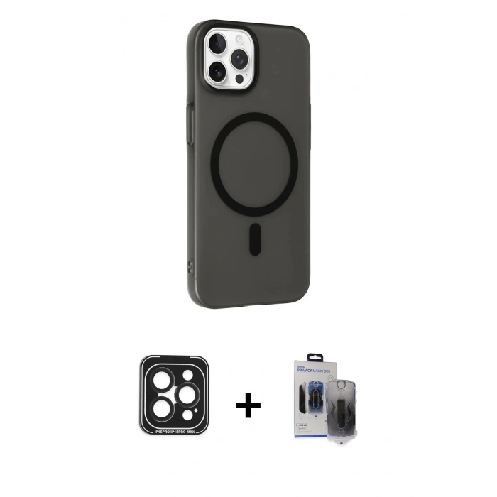 MARSİLYAN™- iPhone 15 Pro Max Kılıf Çekirdek Modern Prime - Siyah Vanessa Magic Hayalet Cam + Siyah PVD Metal Kamera Lens