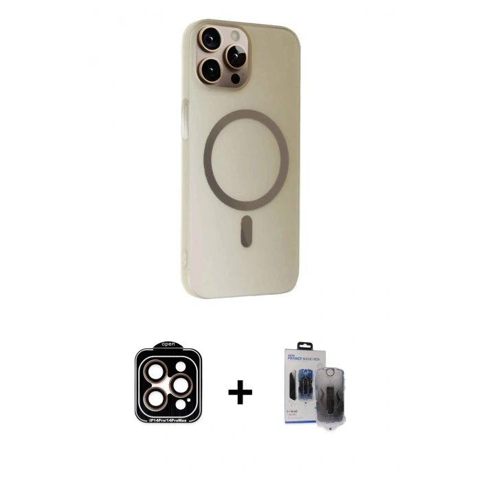 MARSİLYAN™- iPhone 15 Pro Max Kılıf Çekirdek Modern Prime - Siyah Vanessa Magic Hayalet Cam + Turuncu PVD Metal Kamera Lens