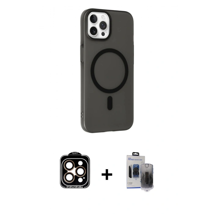 MARSİLYAN™- iPhone 15 Pro Max Kılıf Çekirdek Modern Prime - Siyah Vanessa Magic Hayalet Cam + Turuncu PVD Metal Kamera Lens