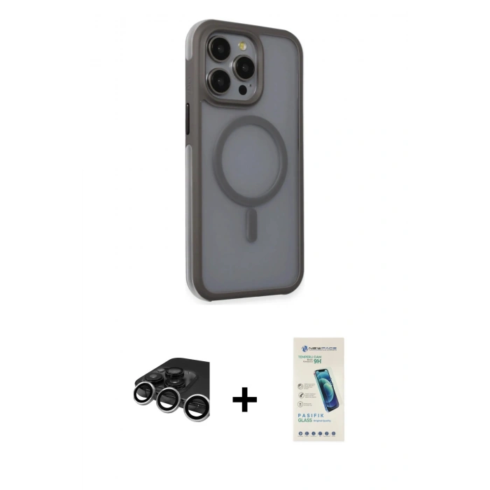 MARSİLYAN™- iPhone 15 Pro Max Kılıf Çekirdek Yansıma Prime - Şeffaf Pasifik Cam Ekran Koruyucu + Raze Metal Kamera Lens - GS