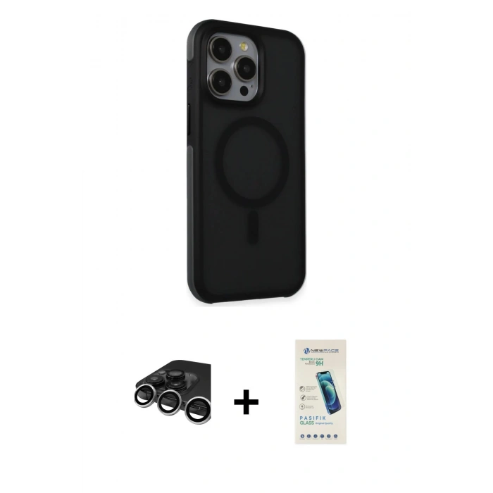 MARSİLYAN™- iPhone 15 Pro Max Kılıf Çekirdek Yansıma Prime - Şeffaf Pasifik Cam Ekran Koruyucu + Raze Metal Kamera Lens - GS