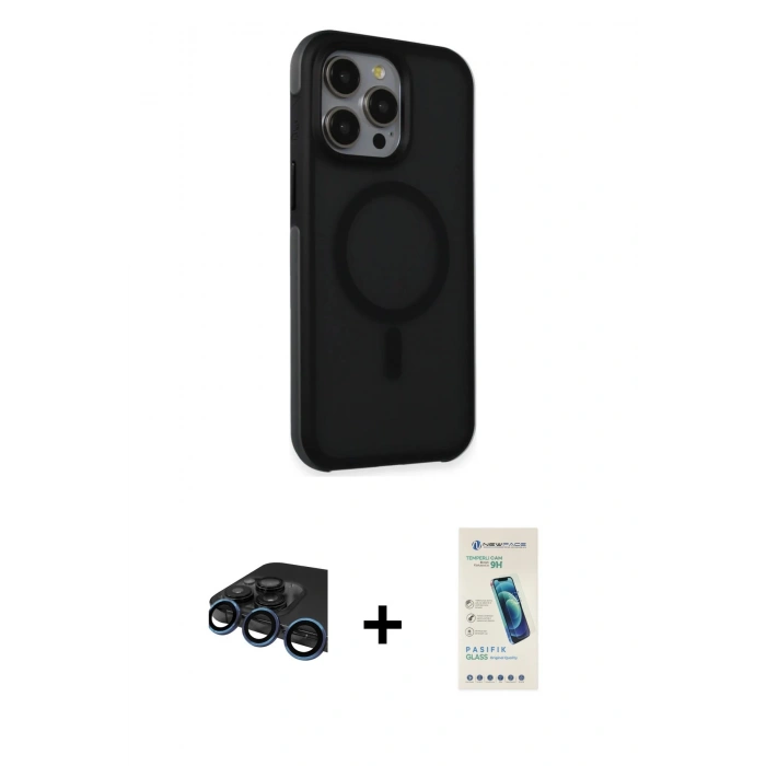 MARSİLYAN™- iPhone 15 Pro Max Kılıf Çekirdek Yansıma Prime - Şeffaf Pasifik Cam Ekran Koruyucu + Raze Metal Kamera Lens - LT