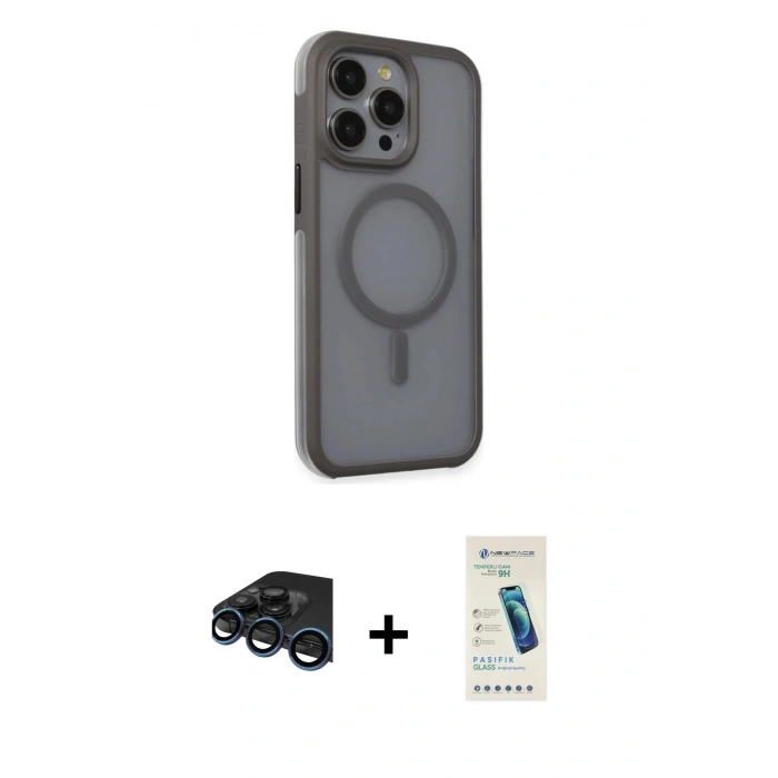 MARSİLYAN™- iPhone 15 Pro Max Kılıf Çekirdek Yansıma Prime - Şeffaf Pasifik Cam Ekran Koruyucu + Raze Metal Kamera Lens - LT