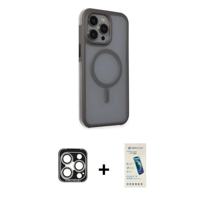 MARSİLYAN™- iPhone 15 Pro Max Kılıf Çekirdek Yansıma Prime - Şeffaf Pasifik Cam Ekran Koruyucu + PVD Metal Kamera Lens - GS