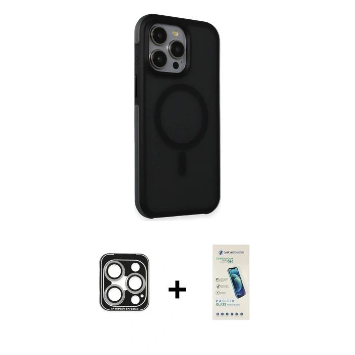 MARSİLYAN™- iPhone 15 Pro Max Kılıf Çekirdek Yansıma Prime - Şeffaf Pasifik Cam Ekran Koruyucu + PVD Metal Kamera Lens - GS