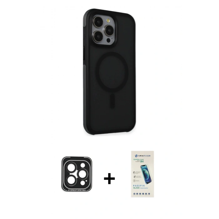 MARSİLYAN™- iPhone 15 Pro Max Kılıf Çekirdek Yansıma Prime - Şeffaf Pasifik Cam Ekran Koruyucu + PVD Metal Kamera Lens - SH