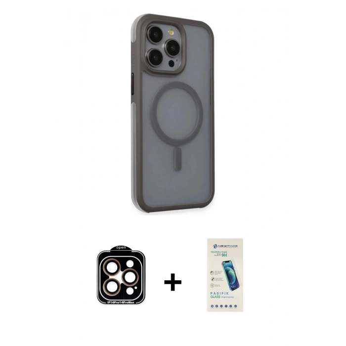 MARSİLYAN™- iPhone 15 Pro Max Kılıf Çekirdek Yansıma Prime - Şeffaf Pasifik Cam Ekran Koruyucu + PVD Metal Kamera Lens - TU