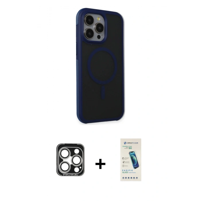 MARSİLYAN™- iPhone 15 Pro Max Kılıf Çekirdek Yansıma Prime - Şeffaf Pasifik Cam Ekran Koruyucu + PVD Metal Kamera Lens - GS