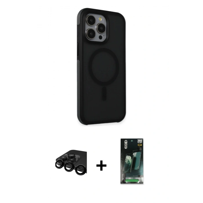 MARSİLYAN™- iPhone 15 Pro Max Kılıf Çekirdek Yansıma Prime - Siyah 360 Mat Full Body Arka Koruyucu + Raze Metal Kamera Lens - SH