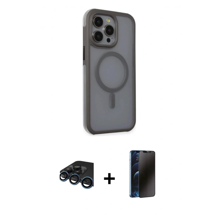 MARSİLYAN™- iPhone 15 Pro Max Kılıf Çekirdek Yansıma Prime - Siyah 3D Antistatik Hayalet Cam Ekran Koruyucu + Raze Metal Kamera Lens - LT