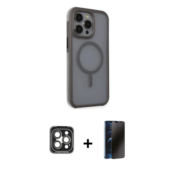 MARSİLYAN™- iPhone 15 Pro Max Kılıf Çekirdek Yansıma Prime - Siyah 3D Antistatik Hayalet Cam Ekran Koruyucu + PVD Metal Kamera Lens - GI