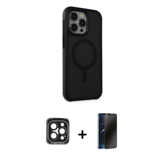 MARSİLYAN™- iPhone 15 Pro Max Kılıf Çekirdek Yansıma Prime - Siyah 3D Antistatik Hayalet Cam Ekran Koruyucu + PVD Metal Kamera Lens - SH