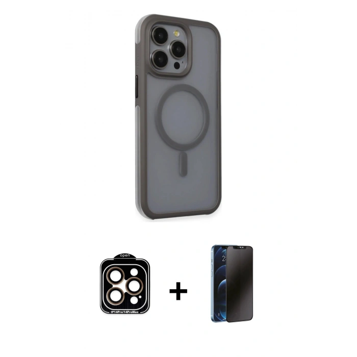 MARSİLYAN™- iPhone 15 Pro Max Kılıf Çekirdek Yansıma Prime - Siyah 3D Antistatik Hayalet Cam Ekran Koruyucu + PVD Metal Kamera Lens - TU