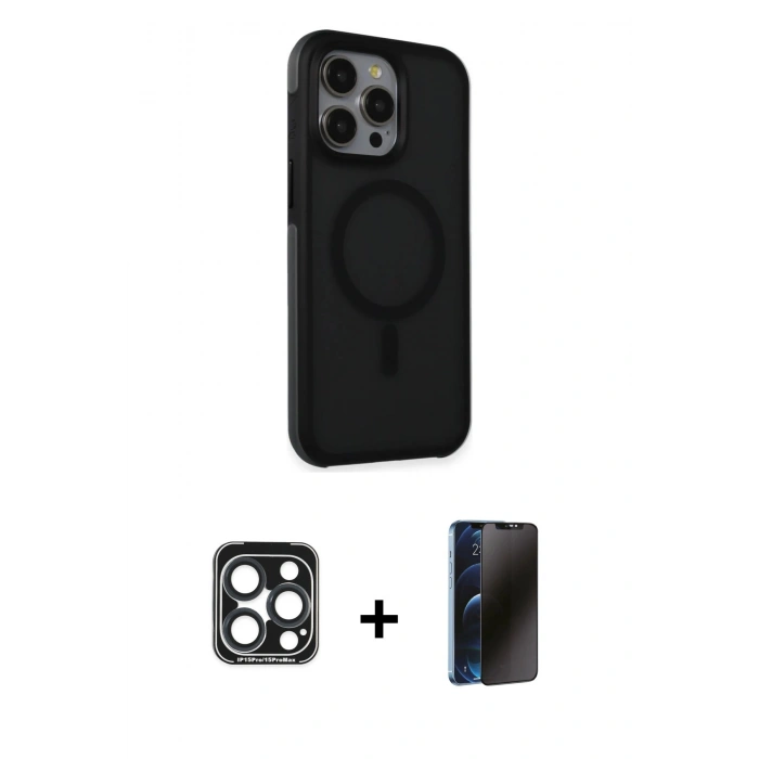 MARSİLYAN™- iPhone 15 Pro Max Kılıf Çekirdek Yansıma Prime - Siyah 3D Antistatik Hayalet Cam Ekran Koruyucu + PVD Metal Kamera Lens - LT