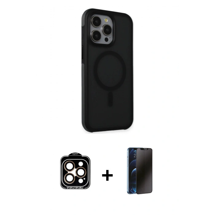 MARSİLYAN™- iPhone 15 Pro Max Kılıf Çekirdek Yansıma Prime - Siyah 3D Antistatik Hayalet Cam Ekran Koruyucu + PVD Metal Kamera Lens - TU
