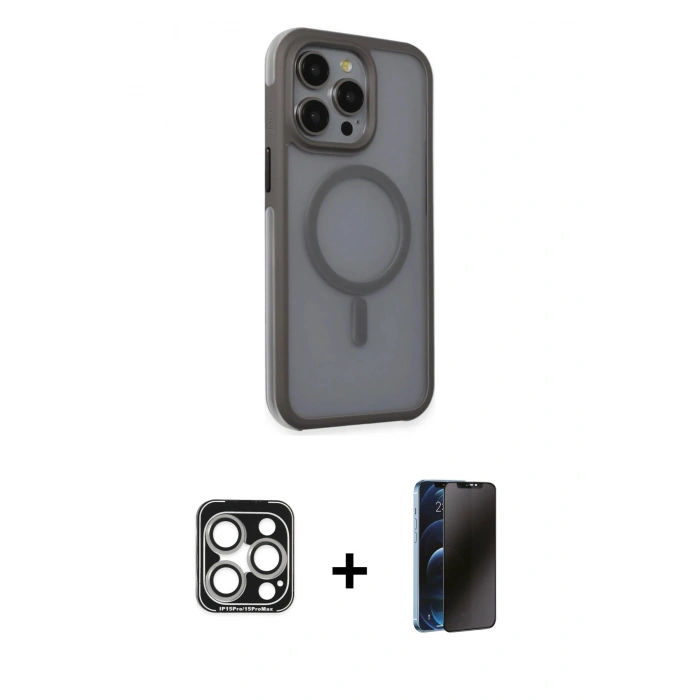 MARSİLYAN™- iPhone 15 Pro Max Kılıf Çekirdek Yansıma Prime - Siyah 3D Antistatik Hayalet Cam Ekran Koruyucu + PVD Metal Kamera Lens - GS