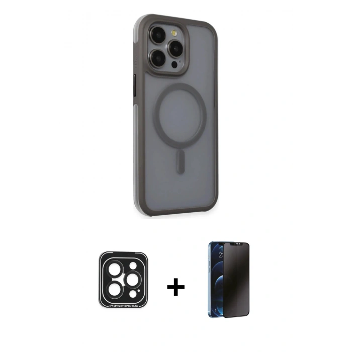 MARSİLYAN™- iPhone 15 Pro Max Kılıf Çekirdek Yansıma Prime - Siyah 3D Antistatik Hayalet Cam Ekran Koruyucu + PVD Metal Kamera Lens - SH