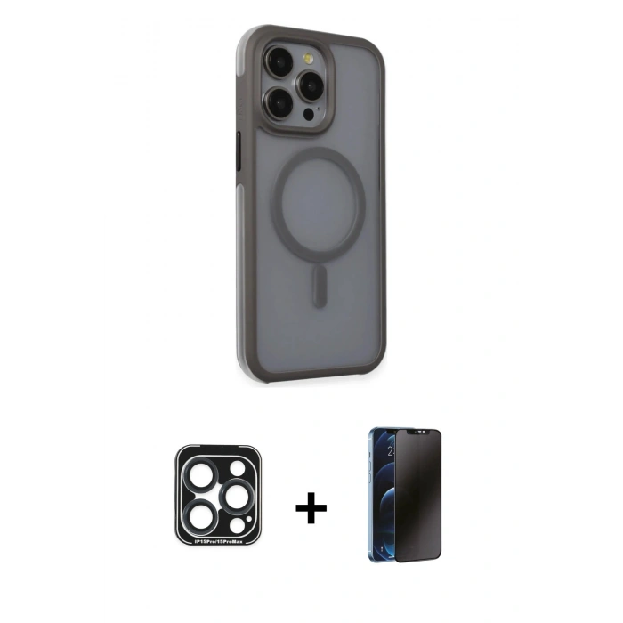 MARSİLYAN™- iPhone 15 Pro Max Kılıf Çekirdek Yansıma Prime - Siyah 3D Antistatik Hayalet Cam Ekran Koruyucu + PVD Metal Kamera Lens - LT
